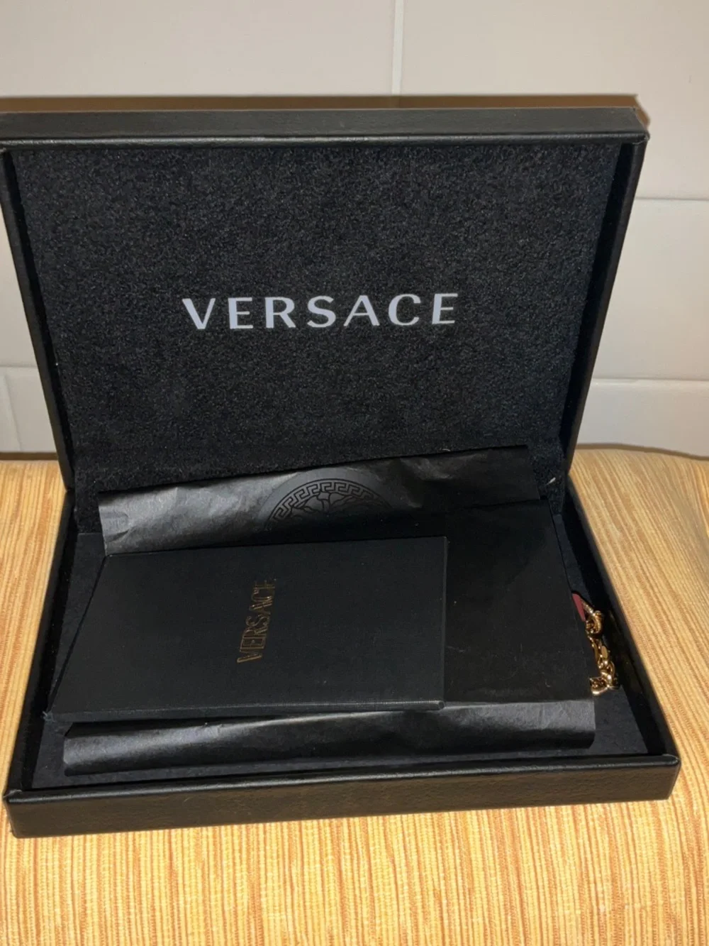 Versace Burgundy Leather Card & Key Pouch with Gold Medusa Charm - Picture 7 of 9